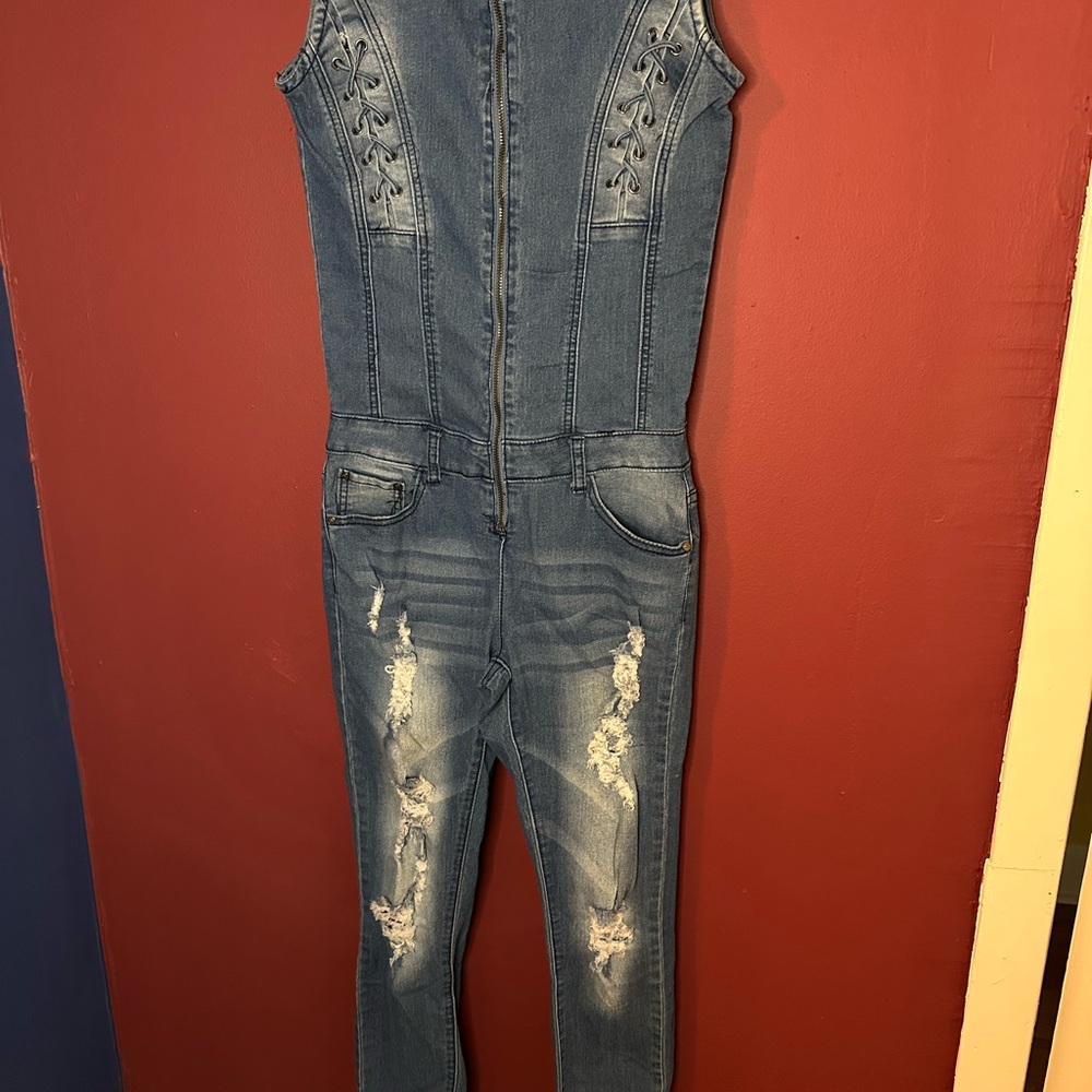 Denim Sleeveless Jumpsuit with Distressed Details